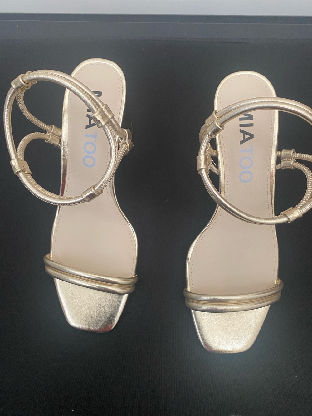 MIA Gold Metallic Double-Strap Block Heel Sandals
